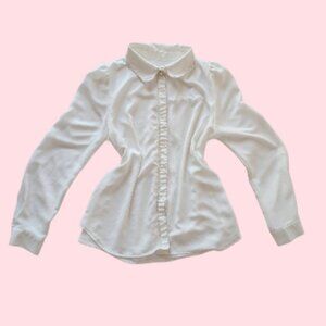 Ode White Pearl Button Gold Trim Blouse